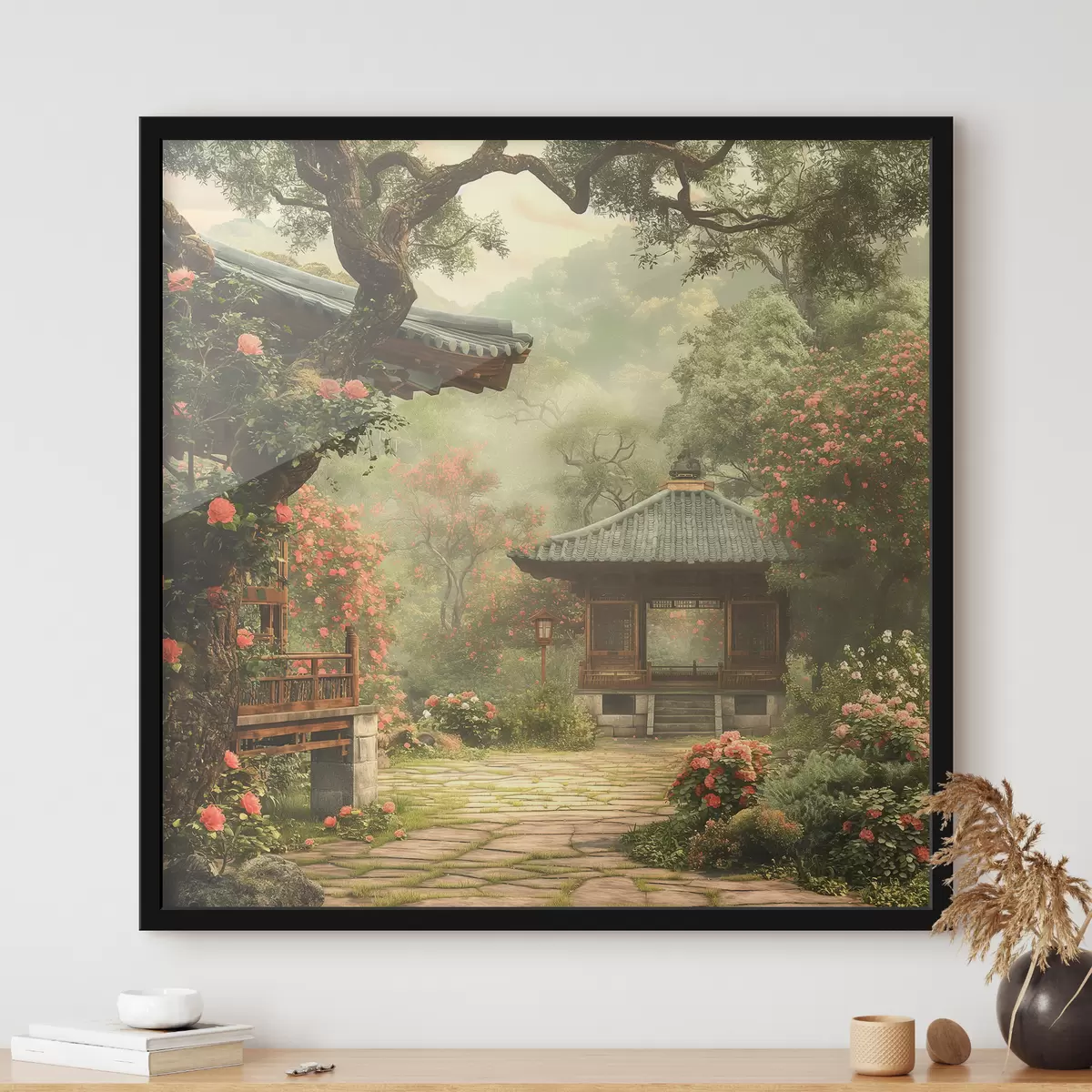 Affiche Parc japonais avec arbres et fleurs en fleurs, forêt, maison en bois f39773