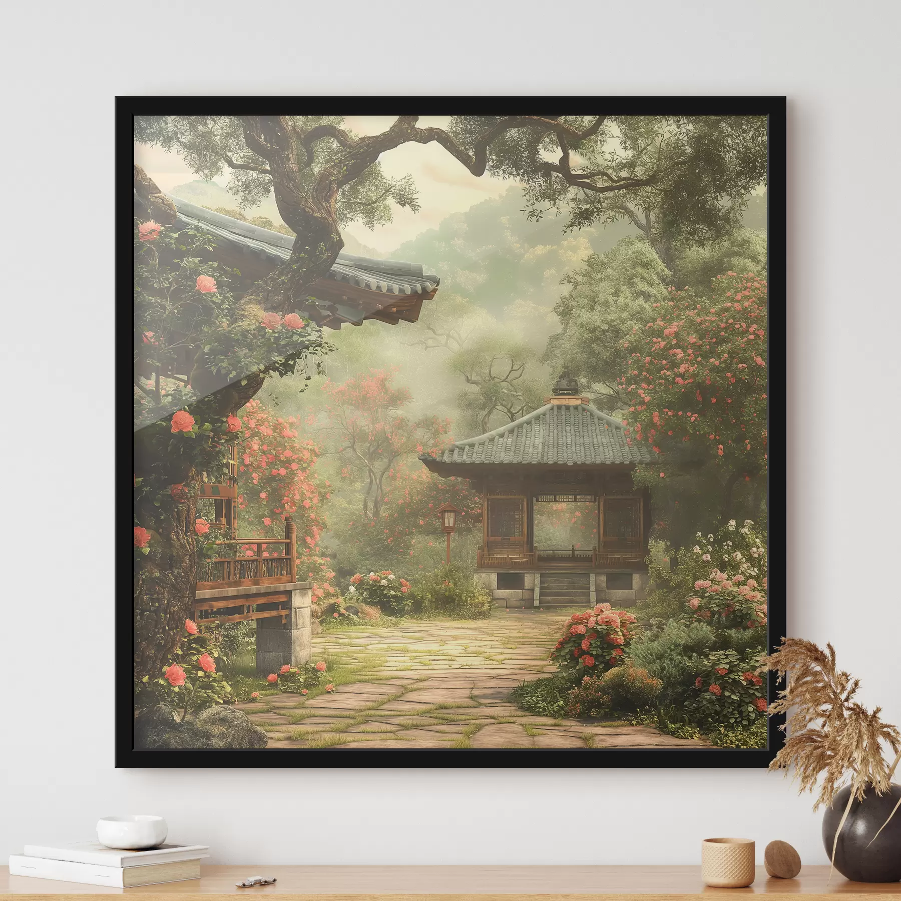 Fotobehang Japans park met bloeiende bomen en bloemen, bos, houten huis f39773