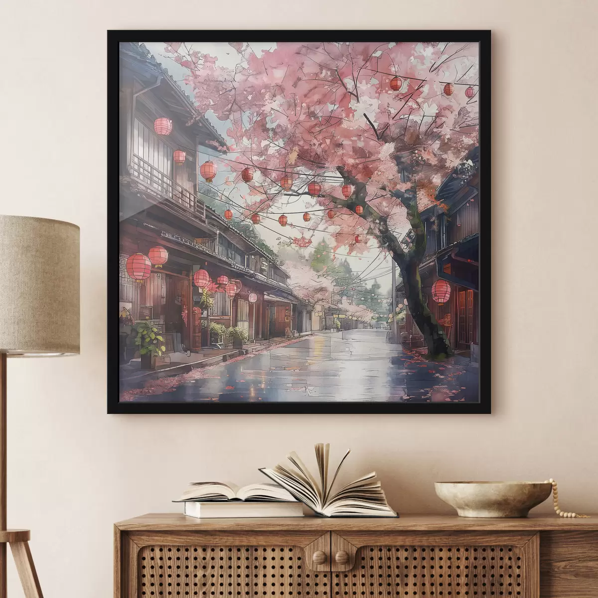 Poster Japanse straat met bloeiende kersenbomen, oosterse architectuur, lantaarns f39774