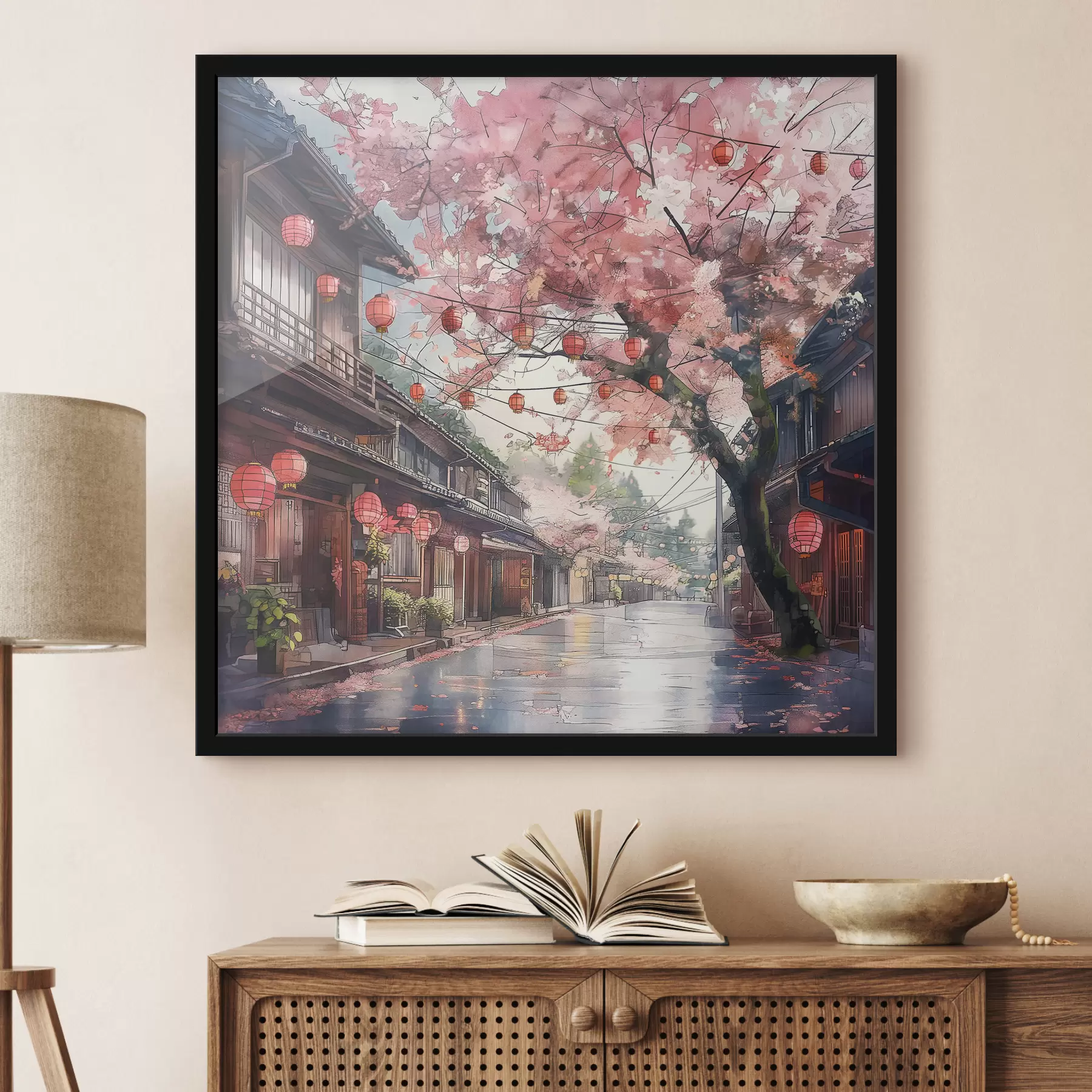 Papier peint photo Rue japonaise avec cerisiers en fleurs, architecture orientale, lanternes f39774