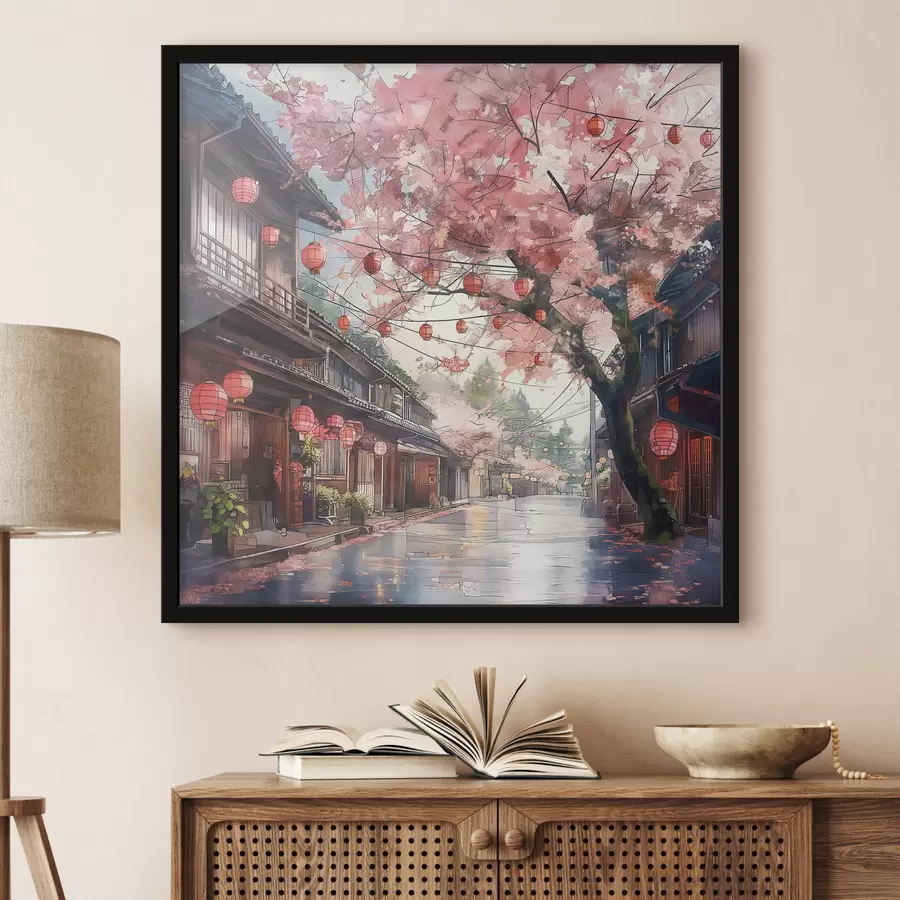 Papier peint photo Rue japonaise avec cerisiers en fleurs, architecture orientale, lanternes f39774