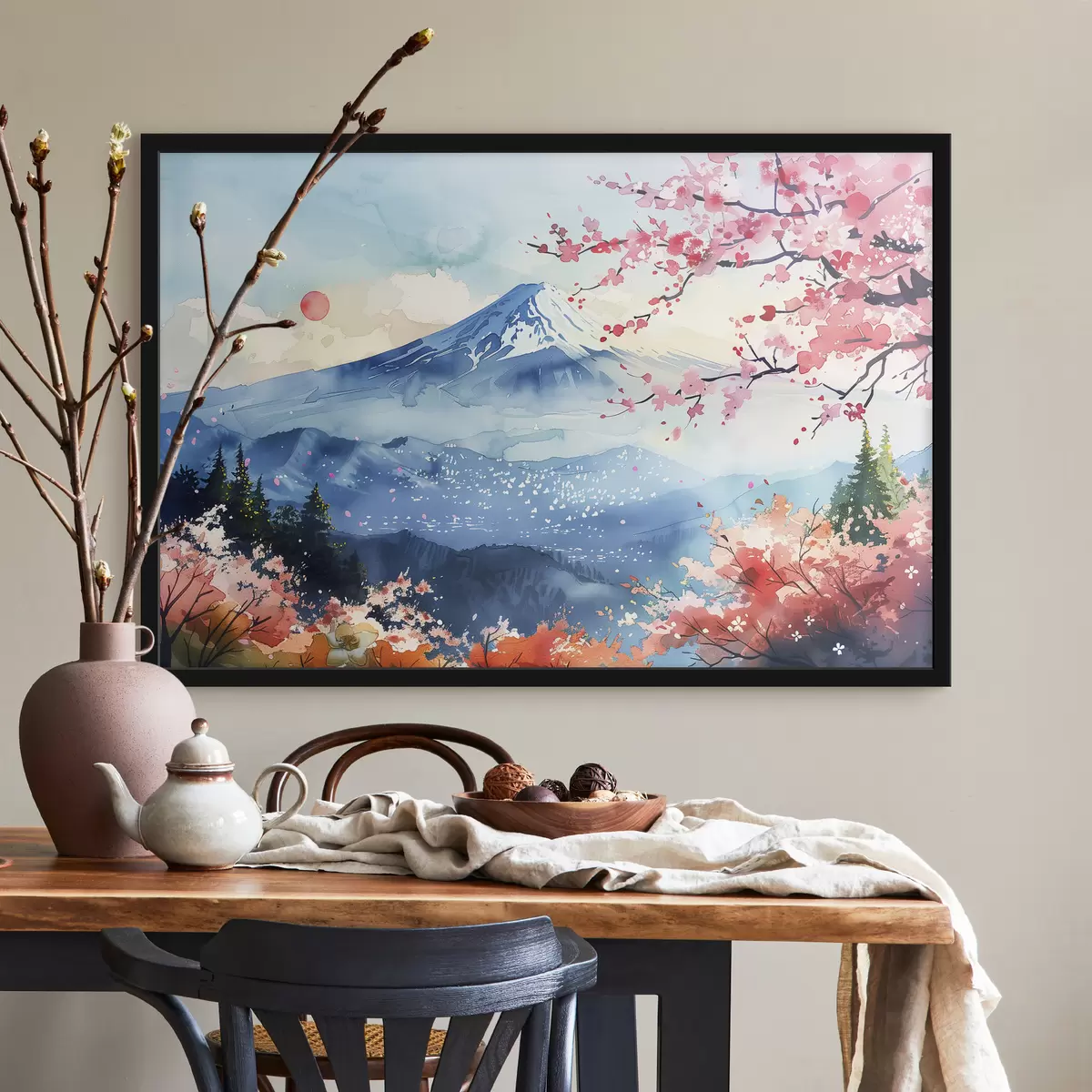 Poster Berg Fuji-landschap, oosterse natuur, kersenbomen, zonsondergang f39775