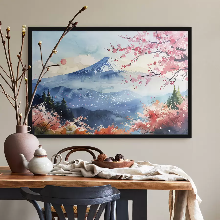 Fotobehang Berg Fuji-landschap, oosterse natuur, kersenbomen, zonsondergang f39775