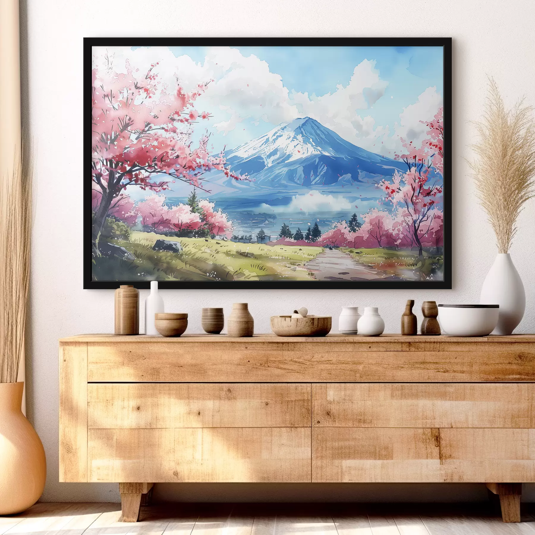 Fotobehang Berg Fuji landschap, lente bloeiende natuur, kersenbomen, Japans f39777