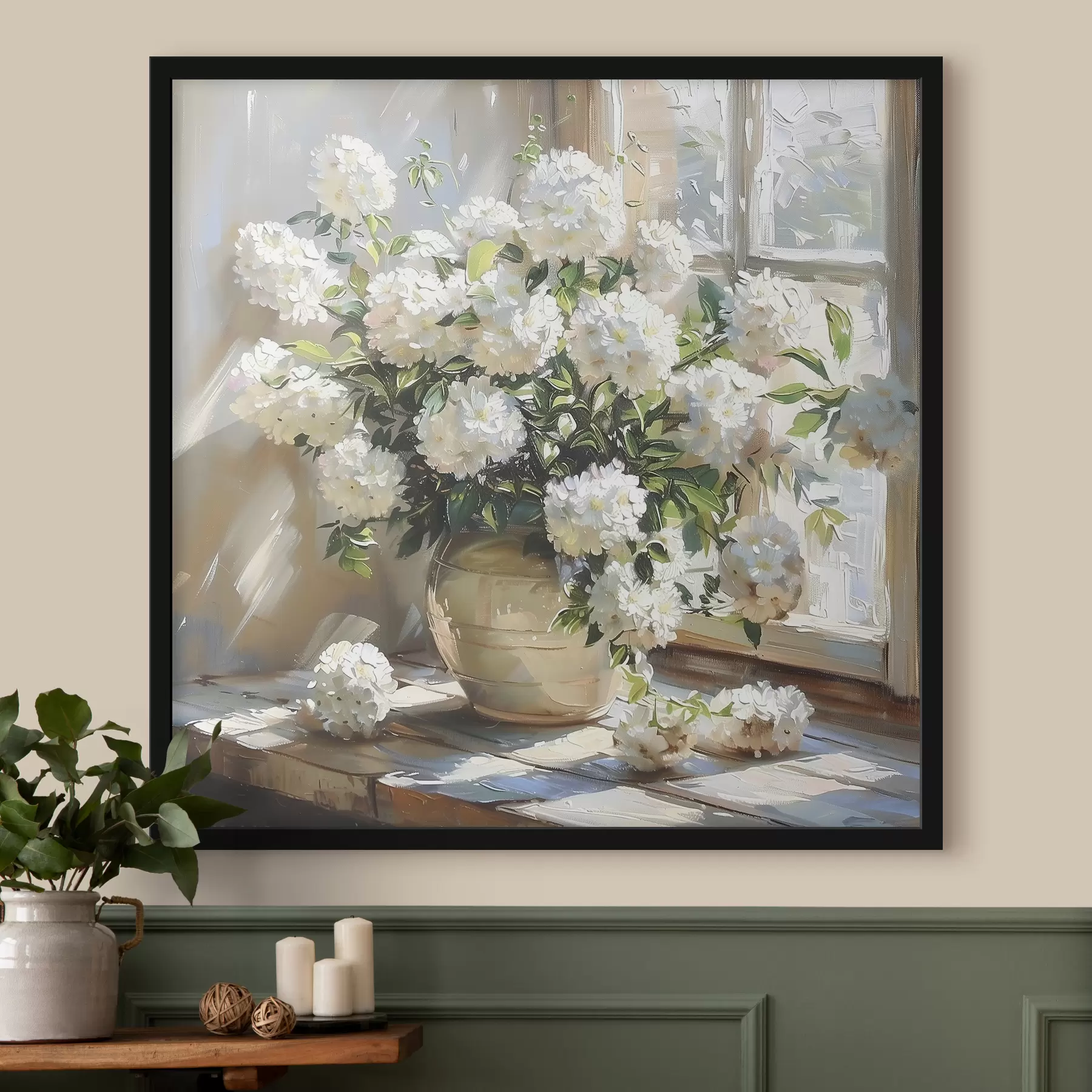 Fotobehang Witte hortensia's in de vaas, zonlicht in het raam, olieverfschilderij f39779