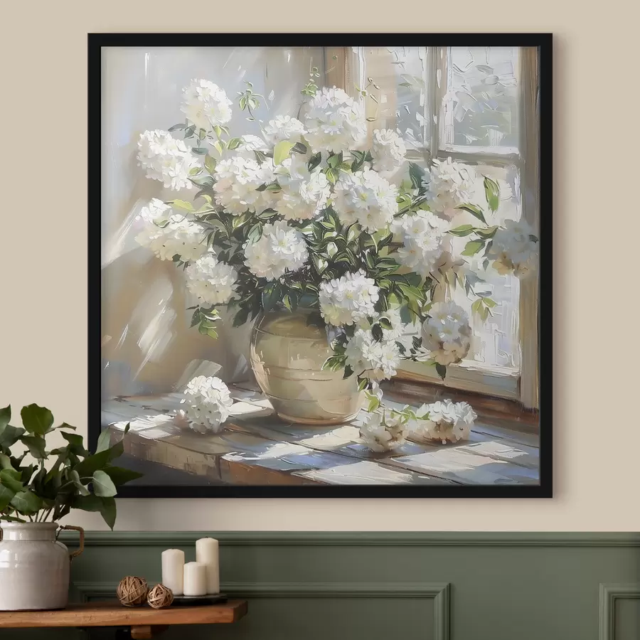 Papier peint photo Hortensias blancs dans le vase, lumière du soleil dans la fenêtre, peinture à l'huile f39779