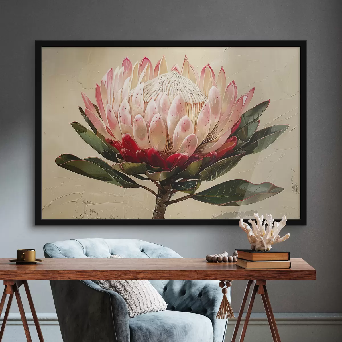 Affiche Fleur de Protea, dessin acrylique, floral, couleurs naturelles douces f39780