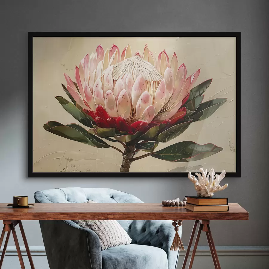 Fotobehang Protea bloem, acryltekening, bloemen, zachte natuurlijke kleuren f39780