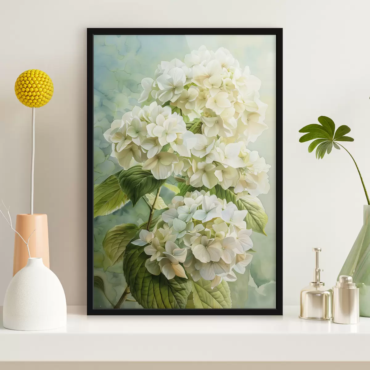 Poster Hortensia bloem, bloemen, zachte natuurlijke kleuren, aquareltekening f39782