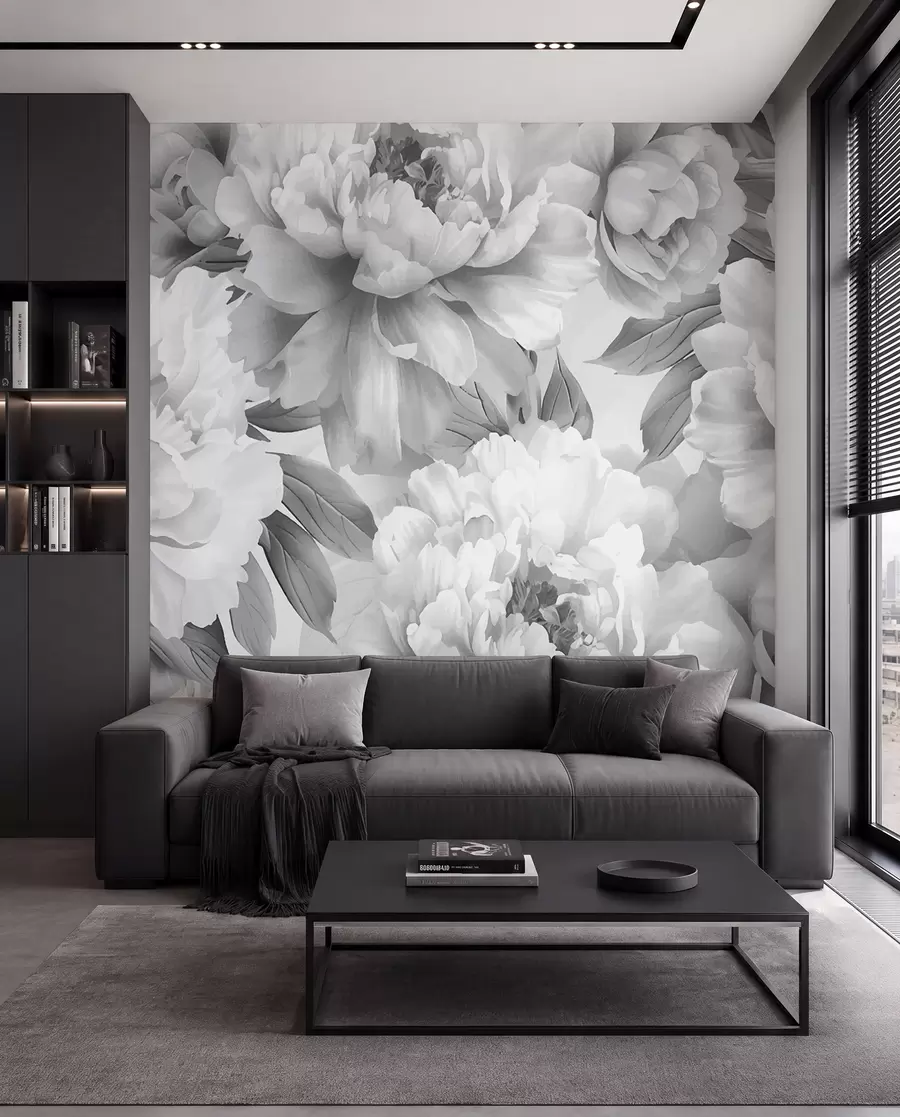 Fotobehang Zwart-witte pioenrozen w08068