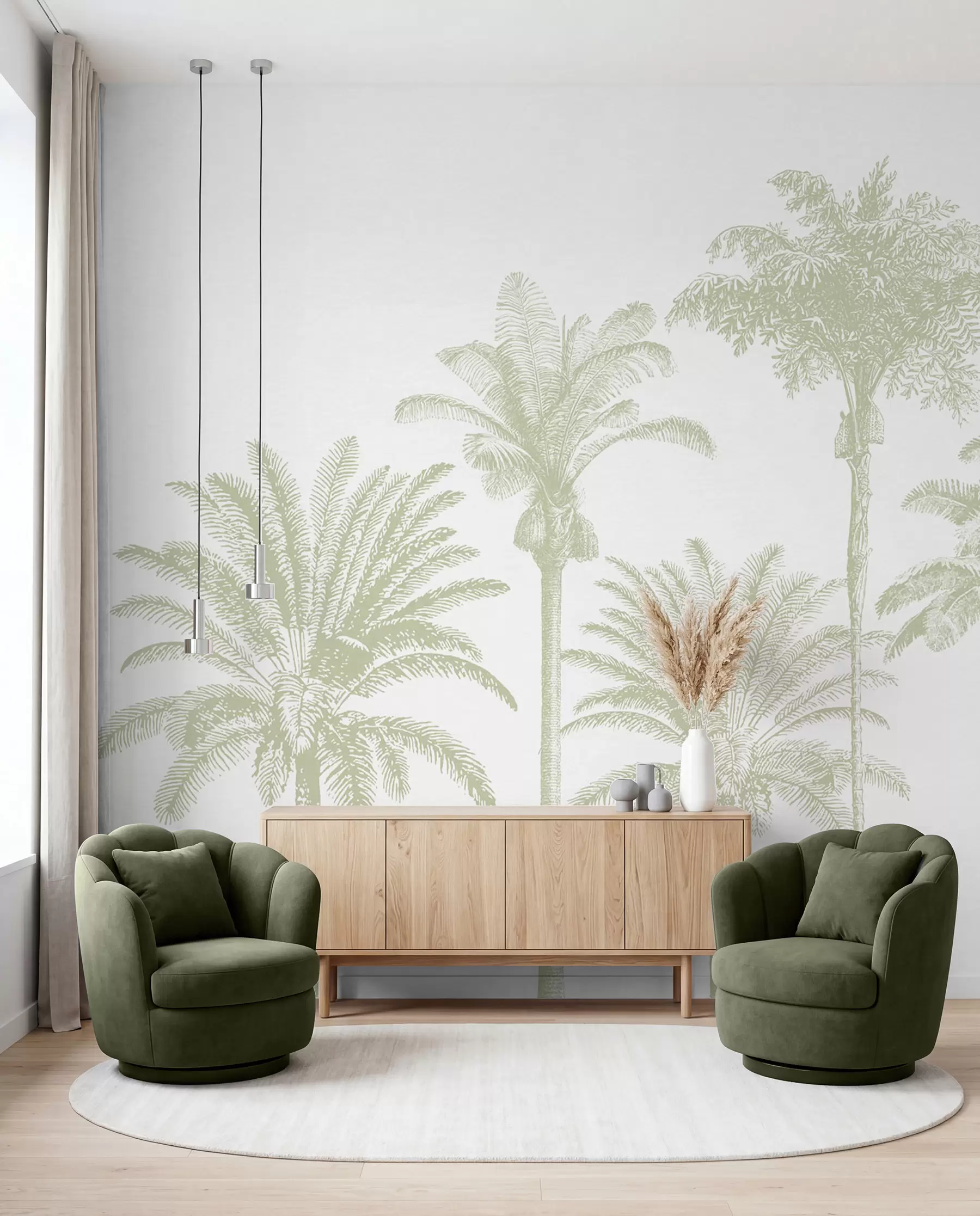 Fotobehang Tropische palmbomen oase minimale groene kleur w08111v3