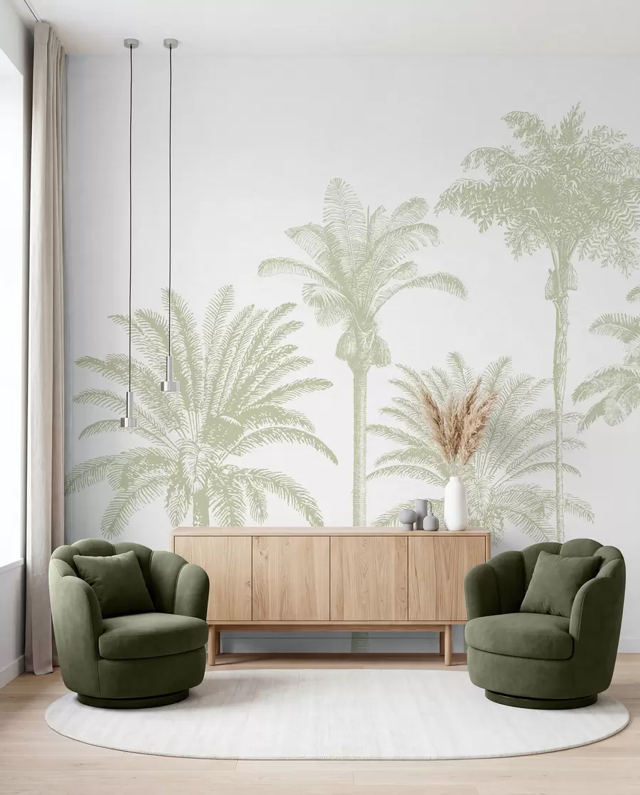 Fotobehang Tropische palmbomen oase minimale groene kleur w08111v3