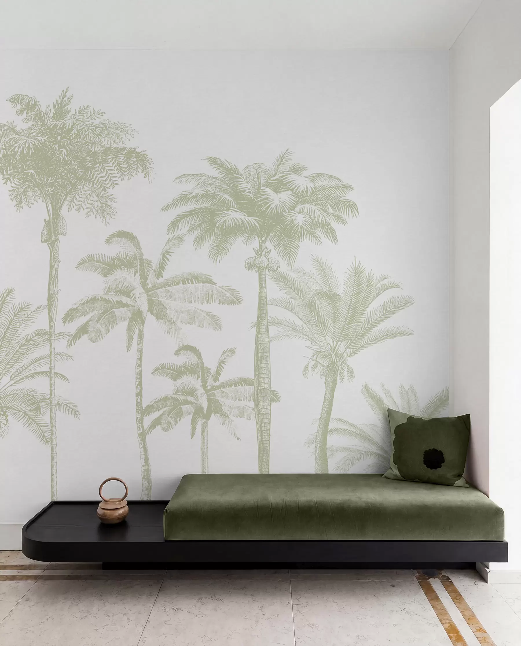 Fotobehang Tropische palmbomen oase minimale groene kleur w08111v3