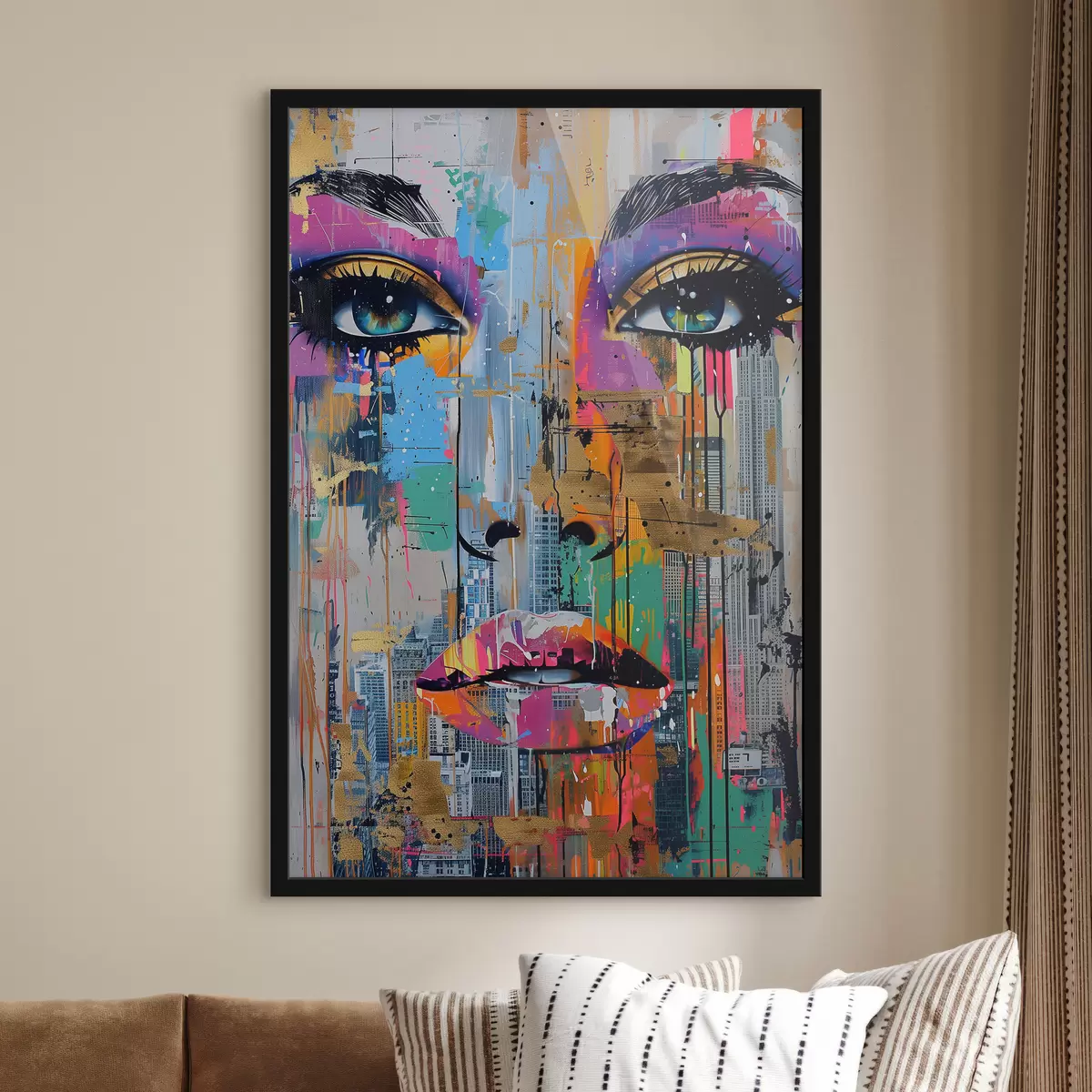 Poster Blauwe ogen en uitzicht op de stad f39800