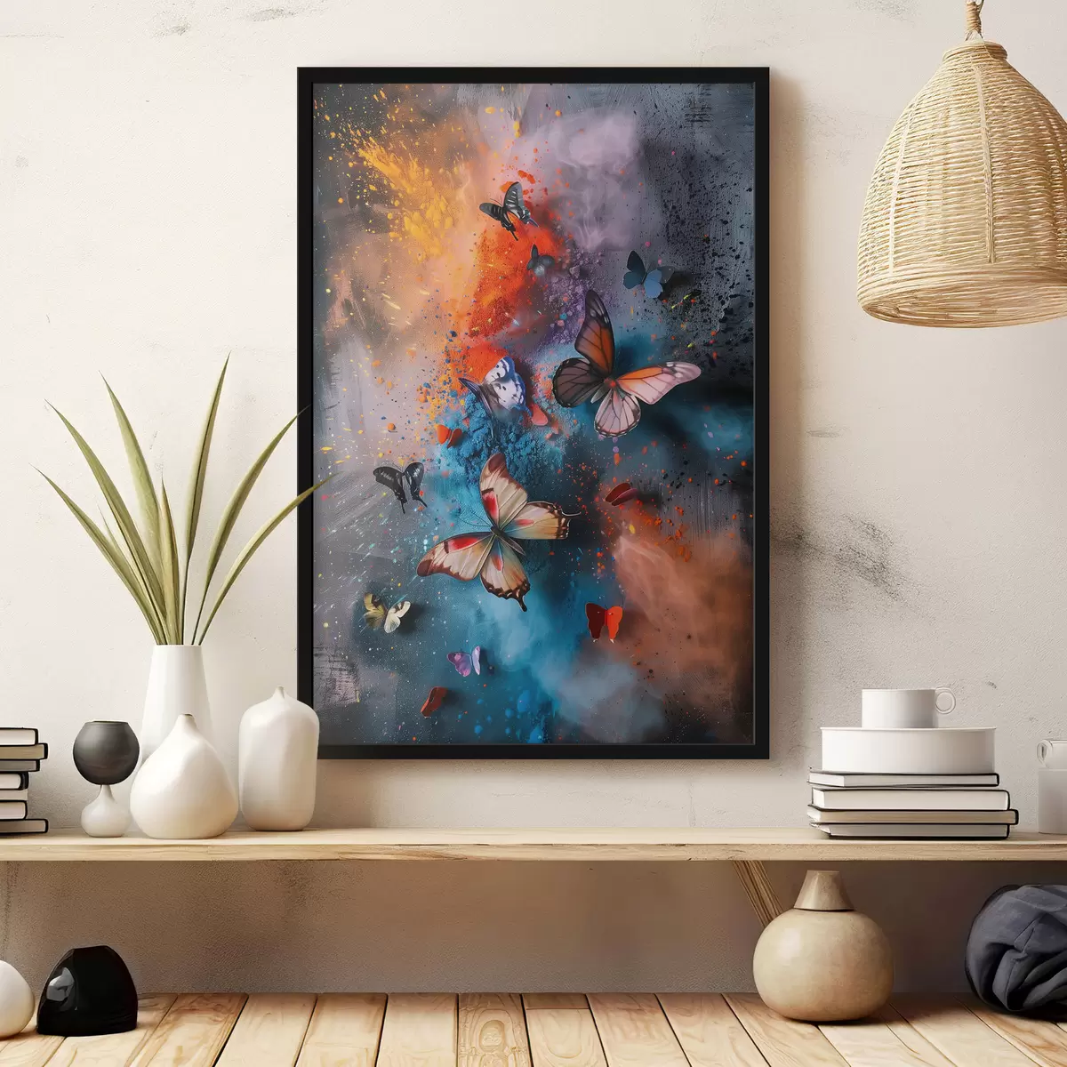 Affiche Papillons sur fond de touches de peinture f39803