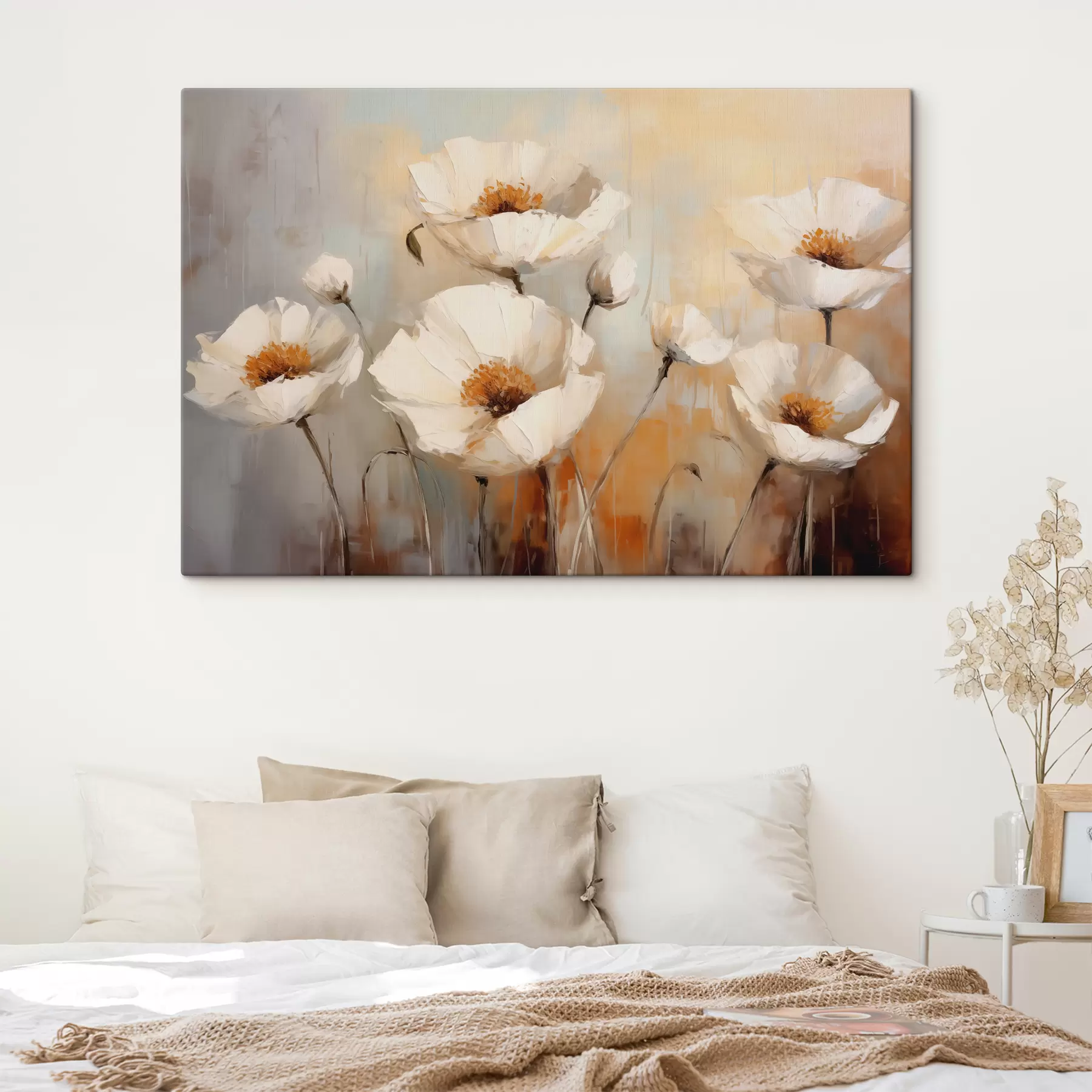 Fotobehang Witte klaprozen olieverfschilderij, blauwe en oranje kleur s39815