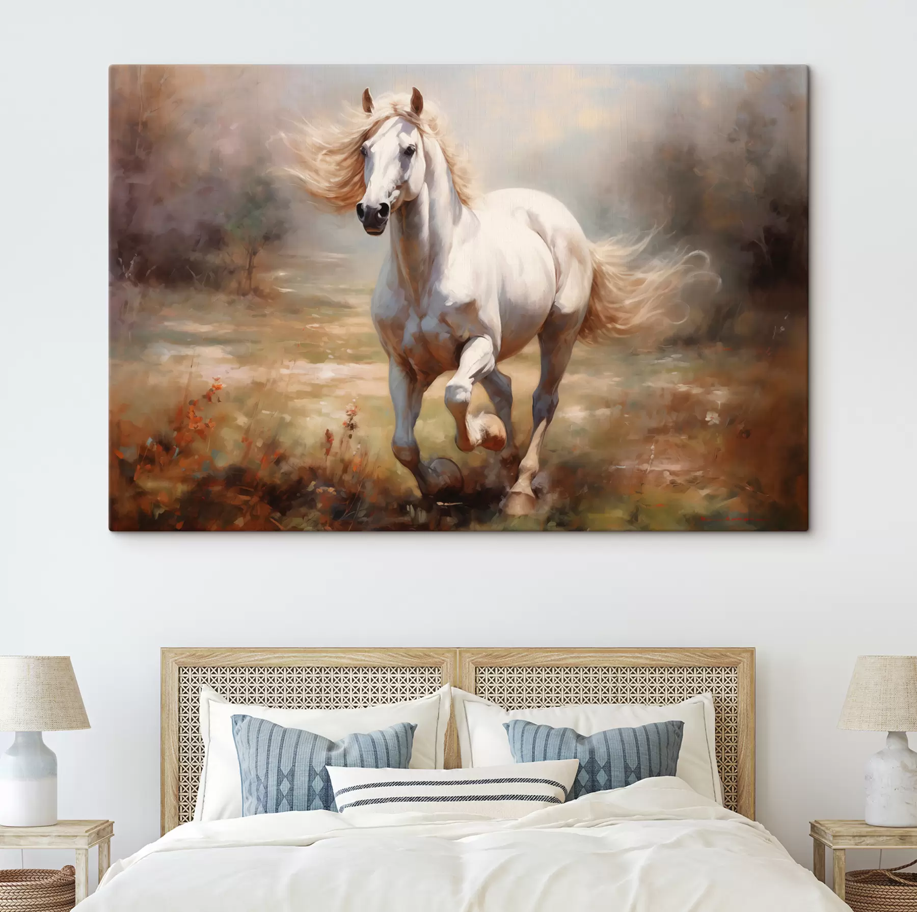  Peintures Cheval blanc galopant à travers la peinture à l’huile de prairie s39818