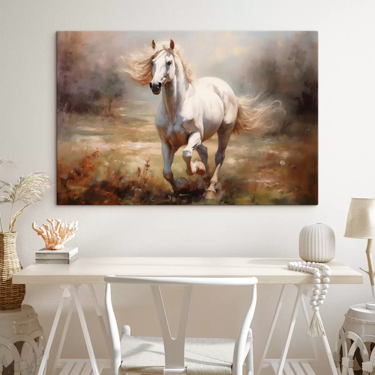  Peintures Cheval blanc galopant à travers la peinture à l’huile de prairie s39818