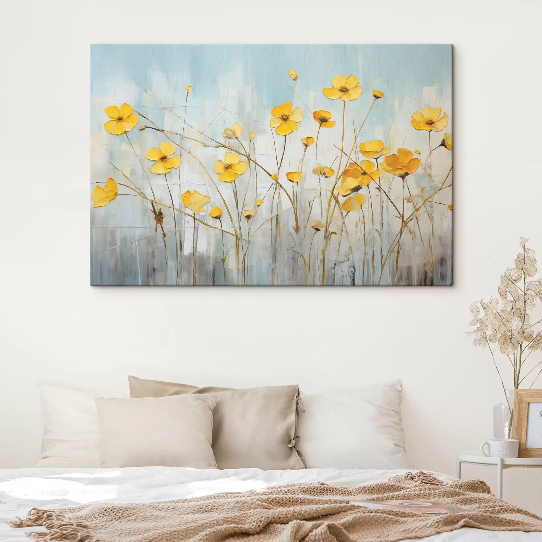 Fotobehang Gele kleine bloemen op een olieverfschilderij met lange steel s39823