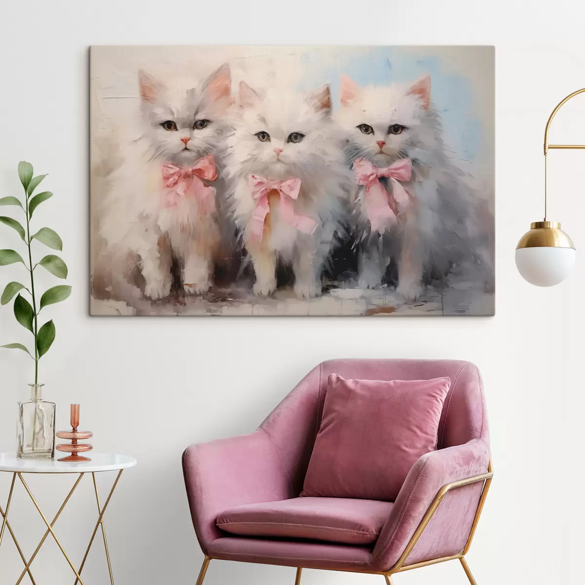  Peintures Chats blancs avec peinture à l'huile d'arcs roses s39826
