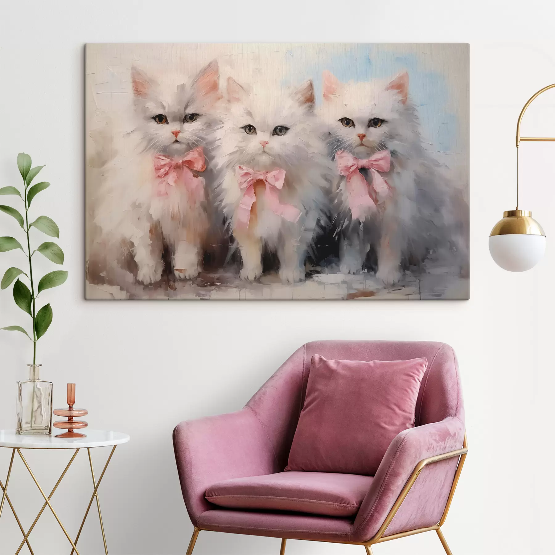  Schilderijen Witte katten met roze strikken olieverfschilderij s39826