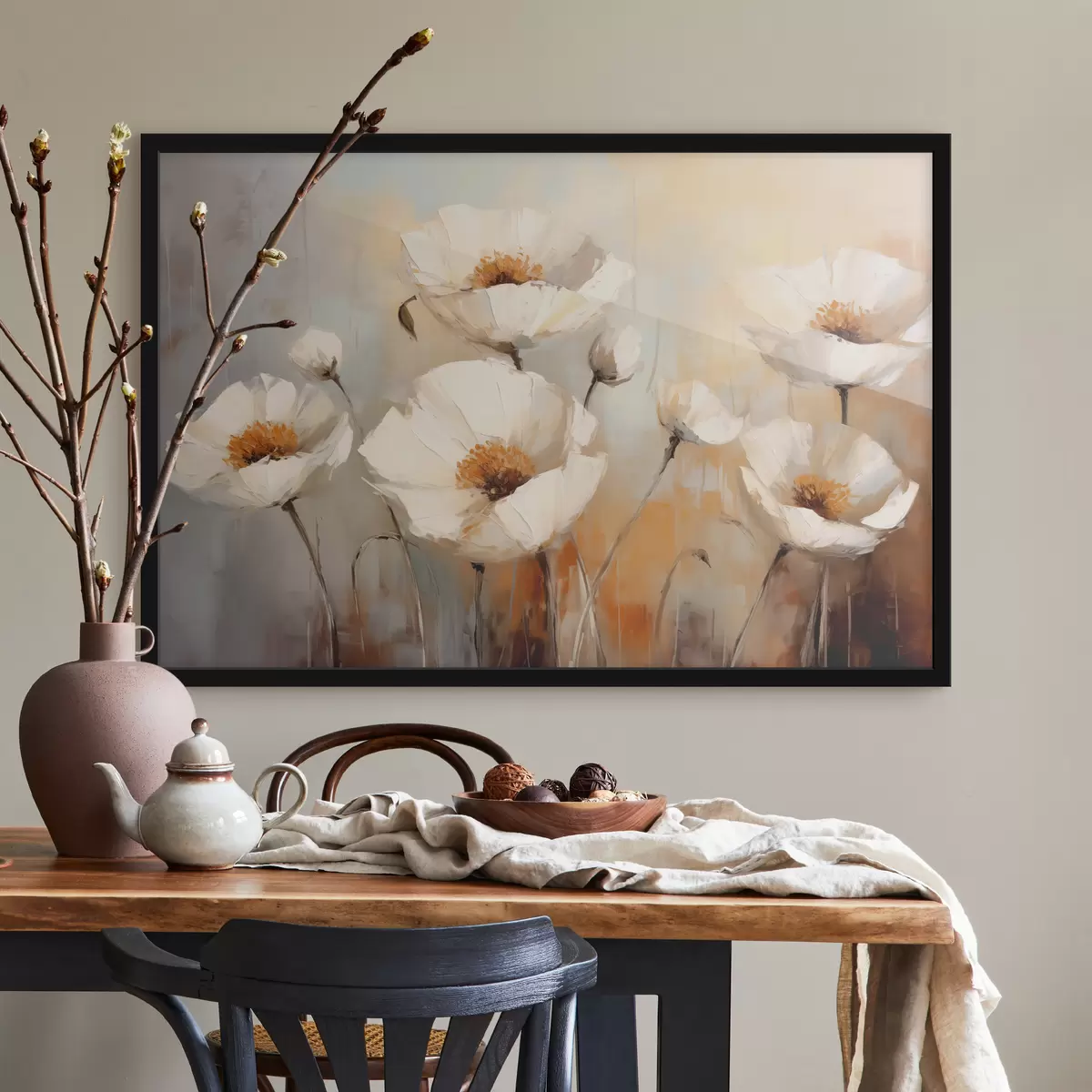 Poster Witte klaprozen olieverfschilderij, blauwe en oranje kleur f39815