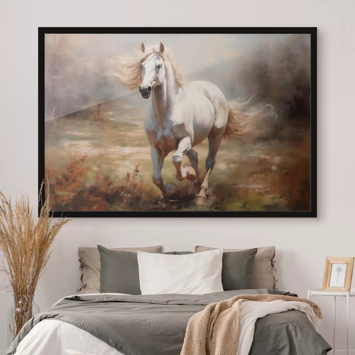 Poster Wit paard dat over het olieverfschilderij van de weide galoppeert f39818