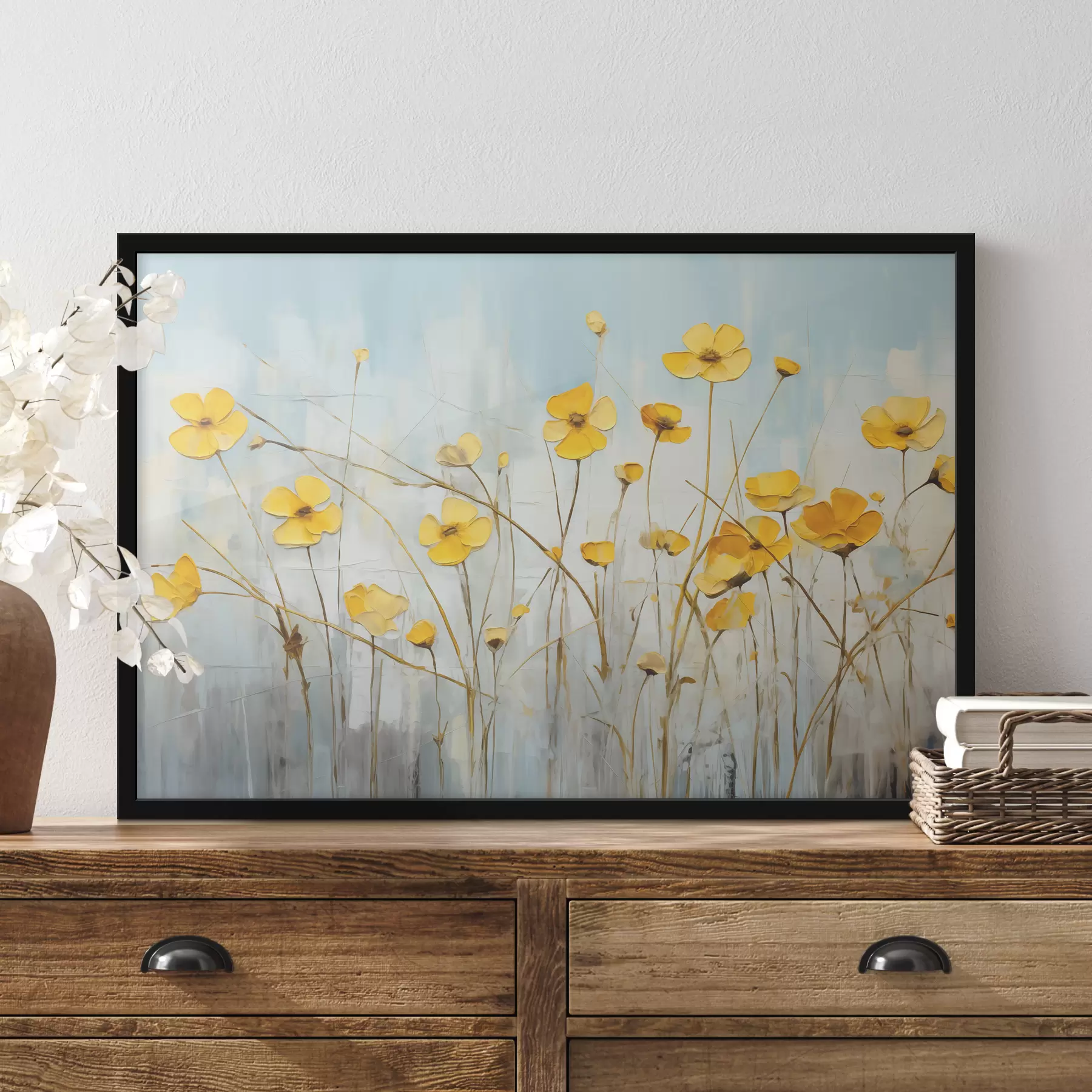 Papier peint photo Petites fleurs jaunes sur une longue peinture à l’huile de tige f39823