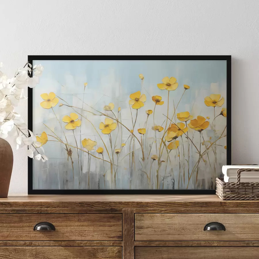 Papier peint photo Petites fleurs jaunes sur une longue peinture à l’huile de tige f39823