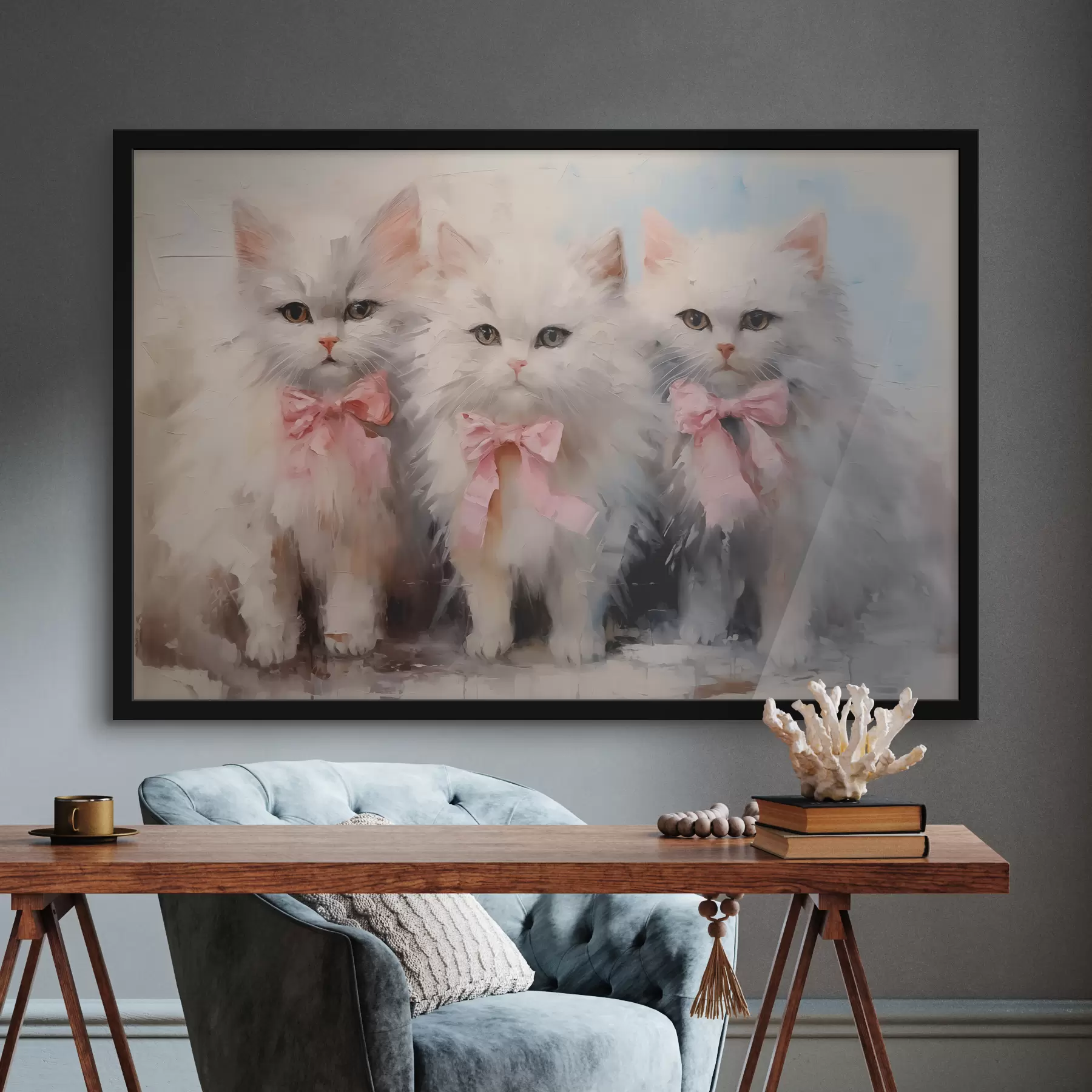 Fotobehang Witte katten met roze strikken olieverfschilderij f39826