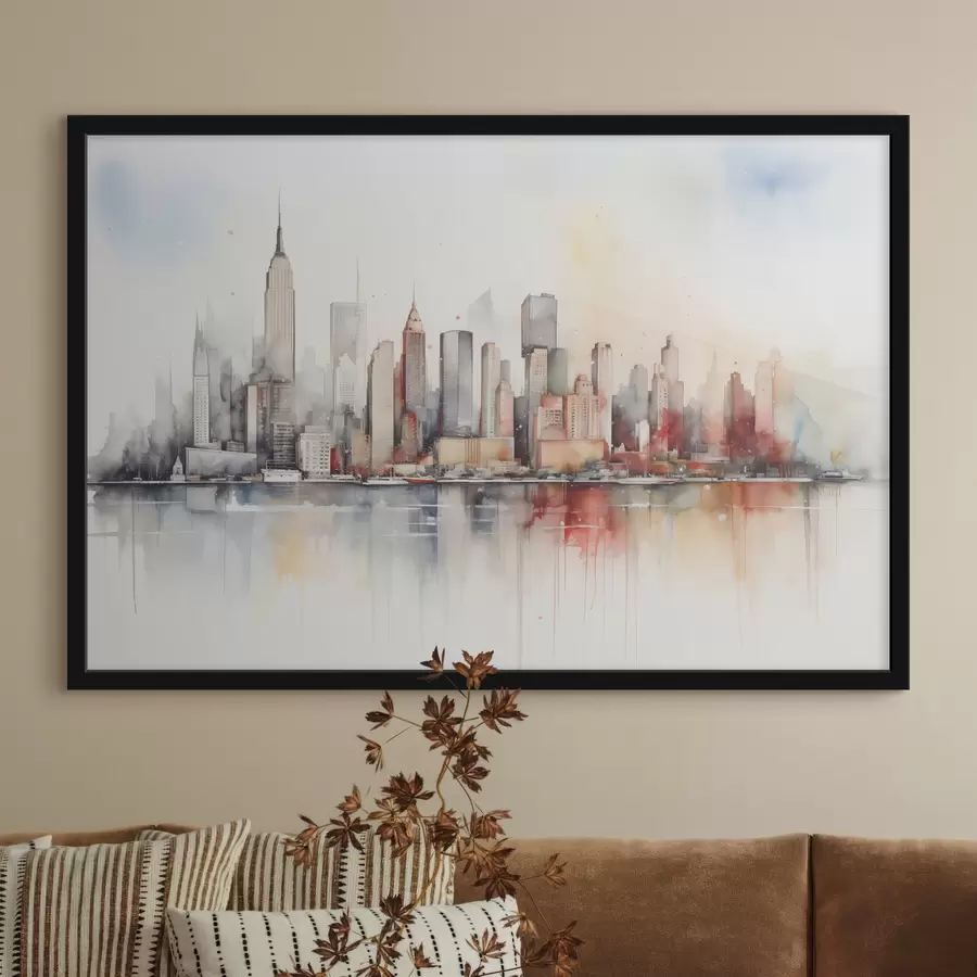 Papier peint photo Vue sur la ville de New York, silhouettes de bâtiments, aquarelle f39828