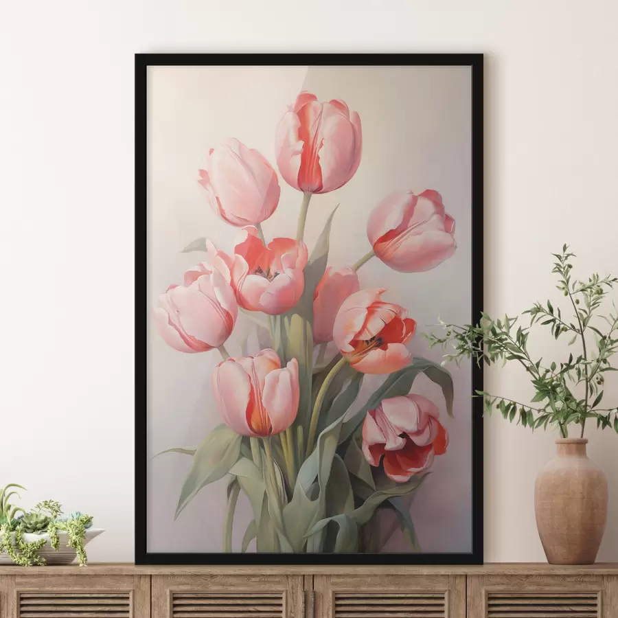 Fotobehang Rozerode tulpen op licht olieverfschilderij f39832