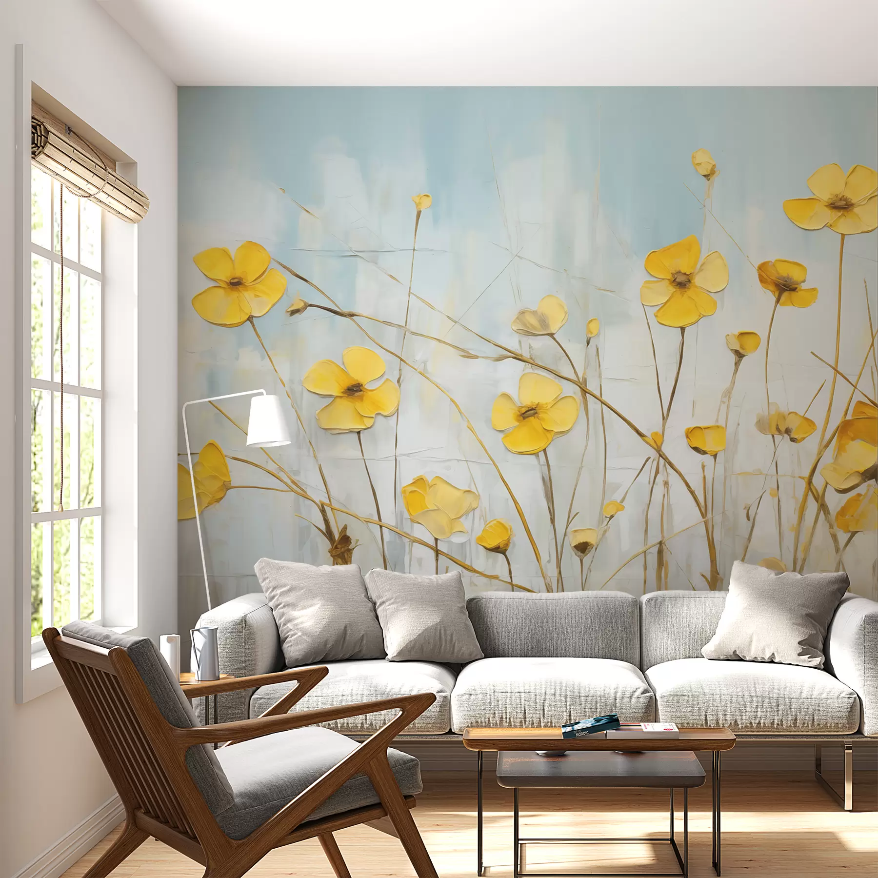 Fotobehang Kleine gele bloemen op blauw olieverfschilderij w08129