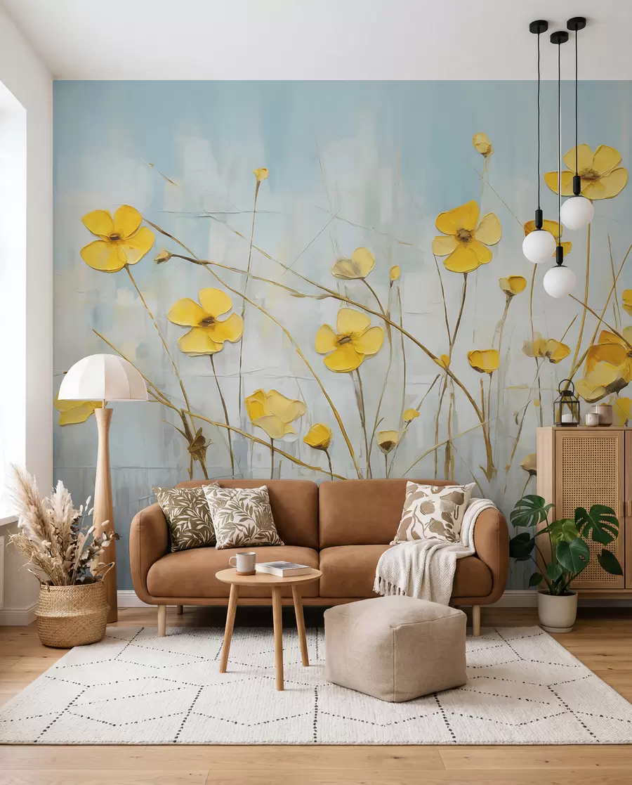Fotobehang Kleine gele bloemen op blauw olieverfschilderij w08129