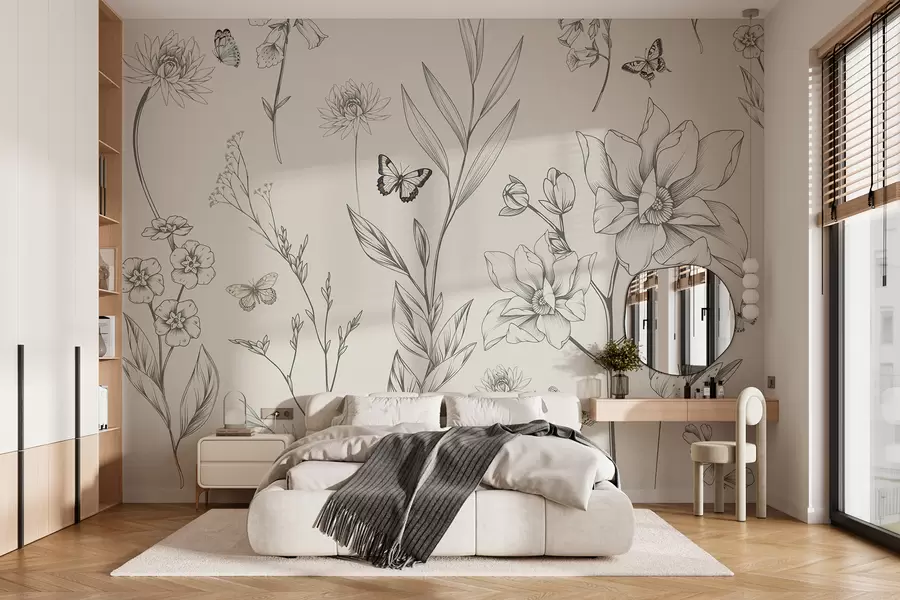 Papier peint photo Fleurs et papillons monochromes Boho w08088