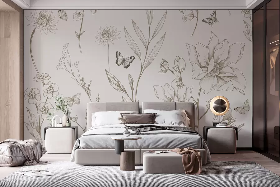 Papier peint photo Fleurs et papillons monochromes Boho de couleur beige w08088v1