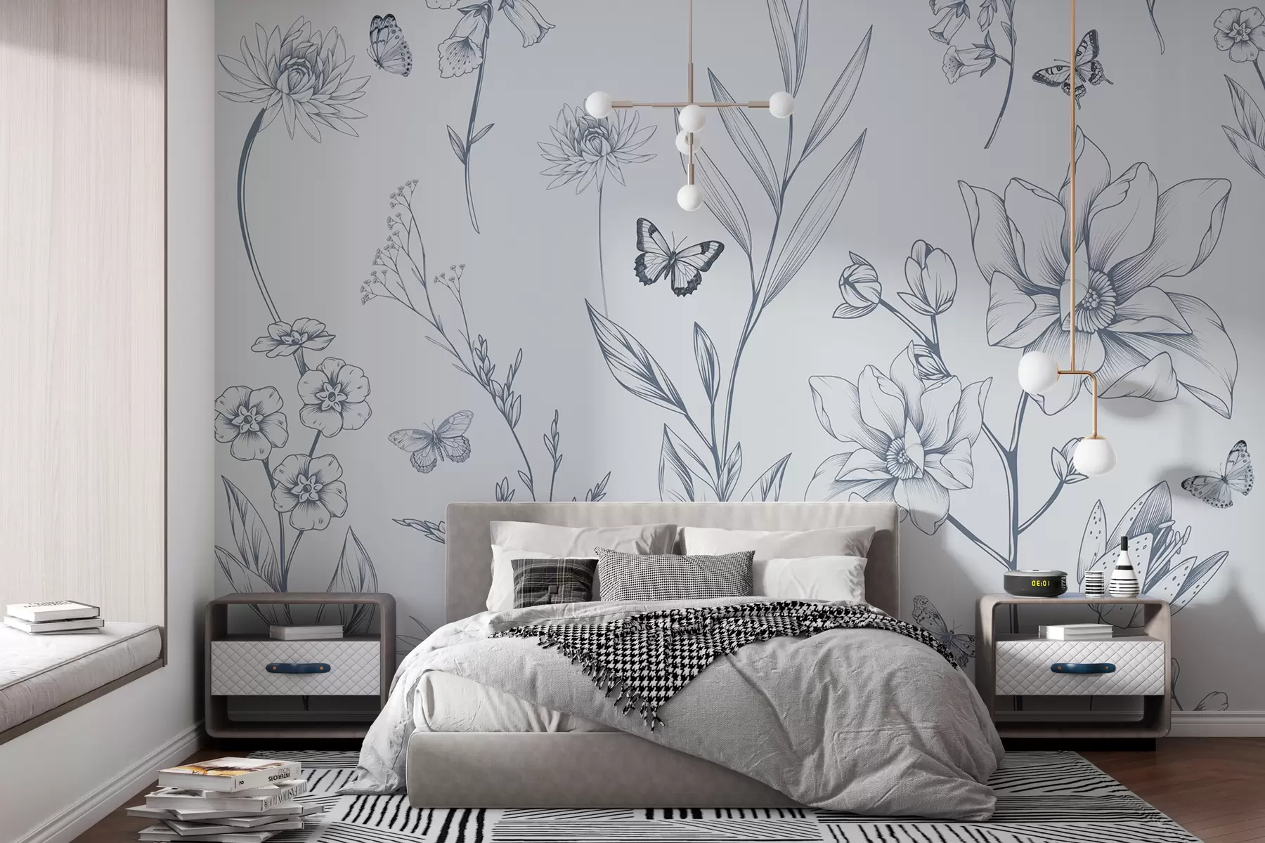 Fotobehang Boho monochrome bloemen en vlinders in blauw w08088v2