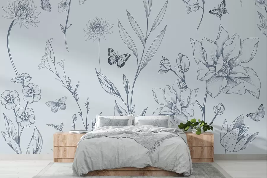 Fotobehang Boho monochrome bloemen en vlinders in blauw w08088v2