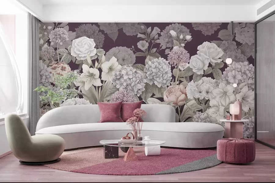 Fotobehang Magische zomertuin op een karmozijnrode achtergrond w08140v2