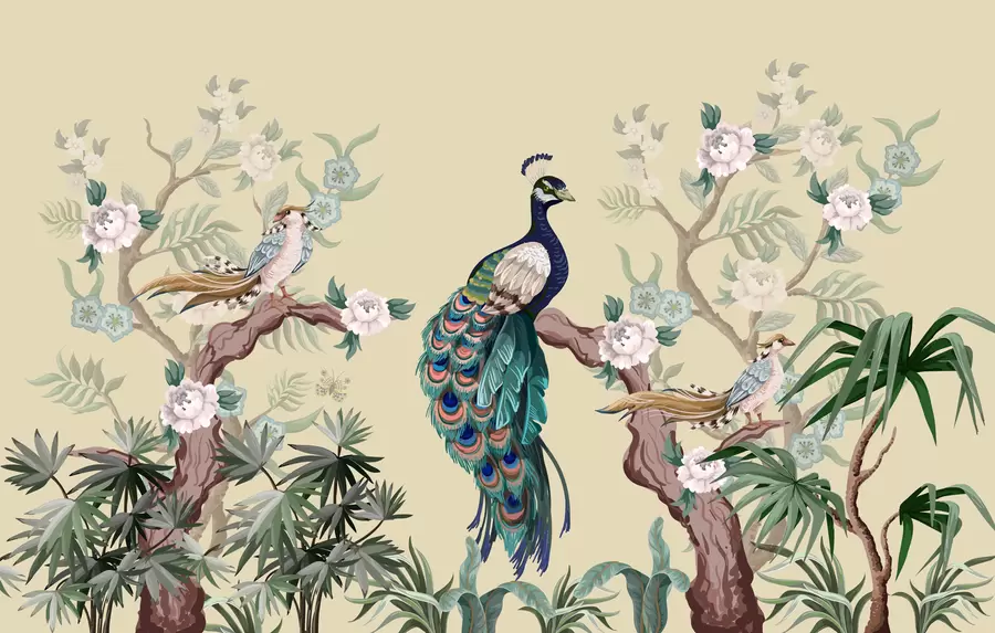 Fotobehang pauw op een boom, beige achtergrond w08168