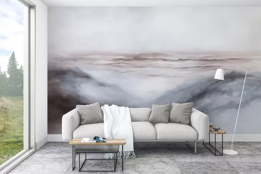 Fotobehang Abstract landschap in pastelkleuren, penseelstreken, strand, zee, grijs kleurenpalet w08141