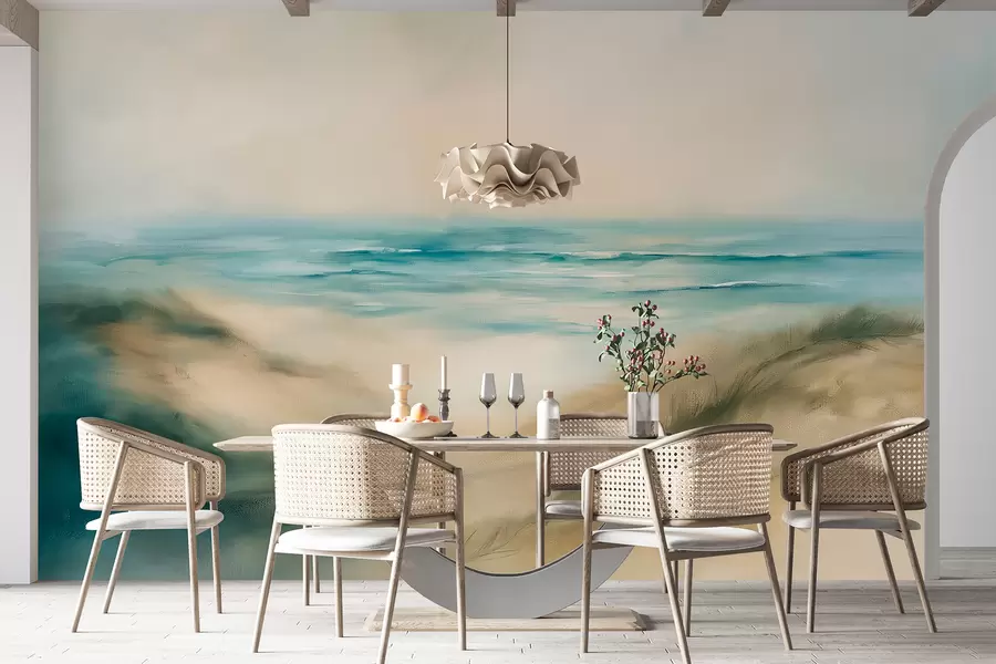 Fotobehang Abstract landschap in pastelkleuren, strand, zee, aquamarijn en beige kleurenpalet, penseelstreken w08141v1