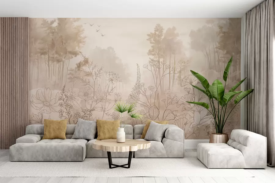 Fotobehang Boslandschap met wilde bloemen, lijntekeningen, realisme, bomen, natuur, beige kleurenpalet w08142