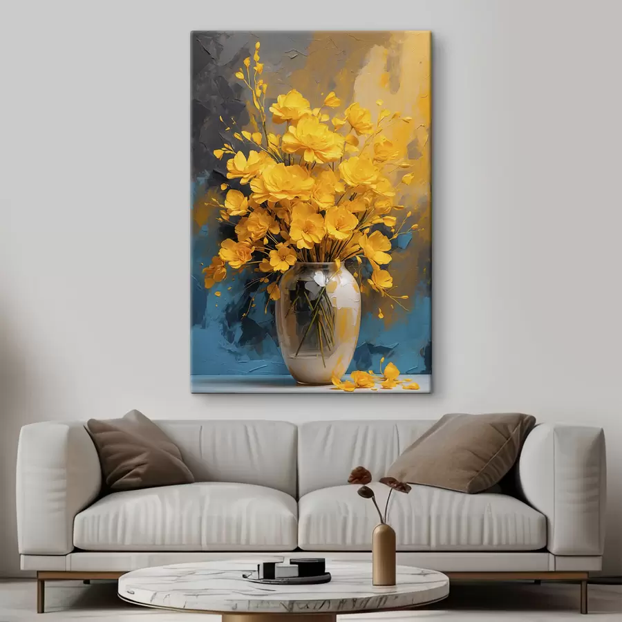 Fotobehang Gele bloemen in vaas op veelkleurige acrylachtergrond s39854