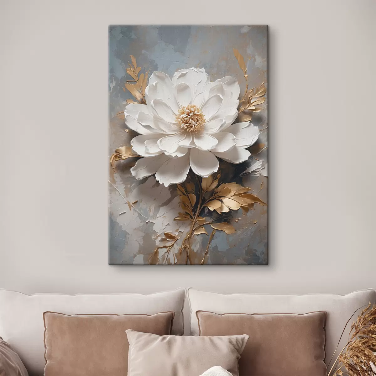  Peintures Fleur blanche avec des tiges  sur fond abstrait s39865
