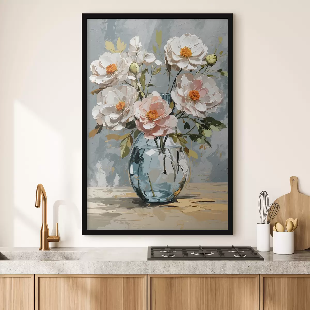 Poster Witte bloemen in transparante vaas f39850