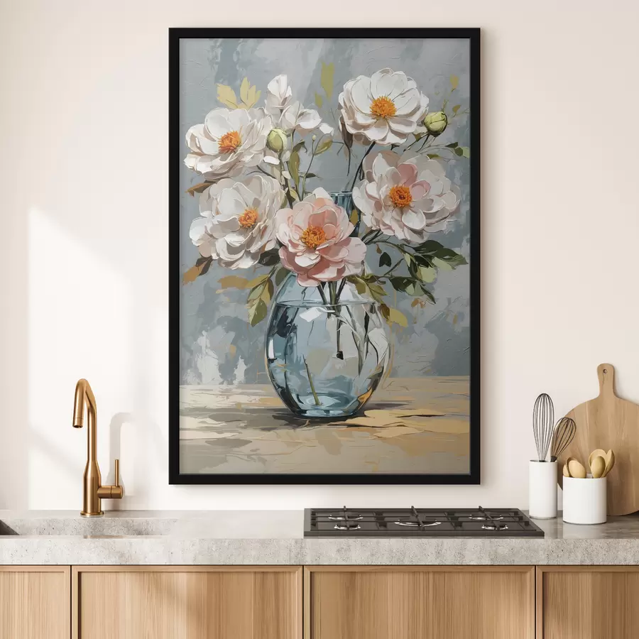 Fotobehang Witte bloemen in transparante vaas f39850