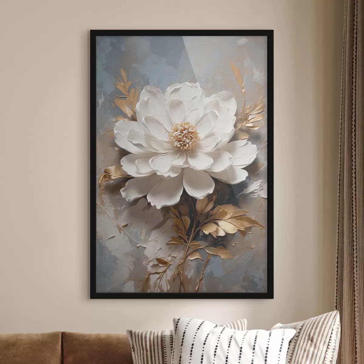 Poster Witte bloem met  stengels op abstracte achtergrond f39865