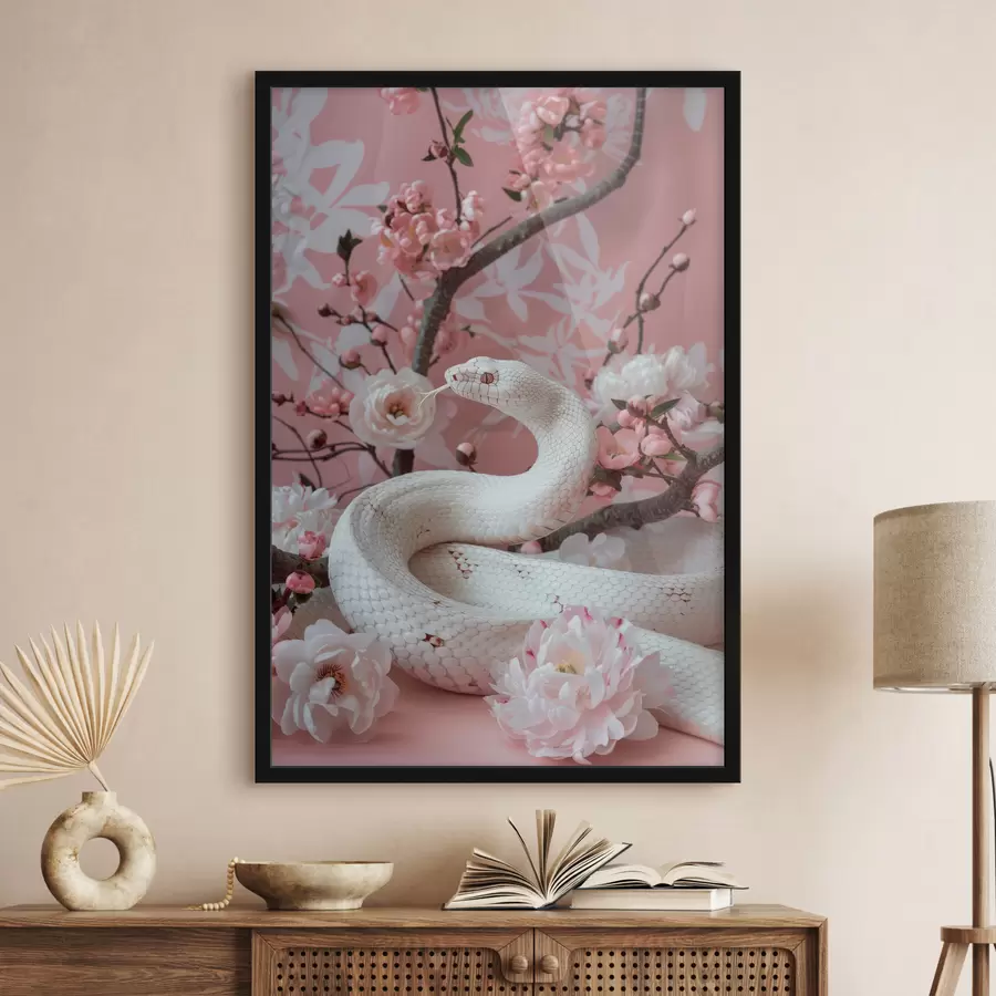 Papier peint photo Serpent blanc et fleurs roses f39941