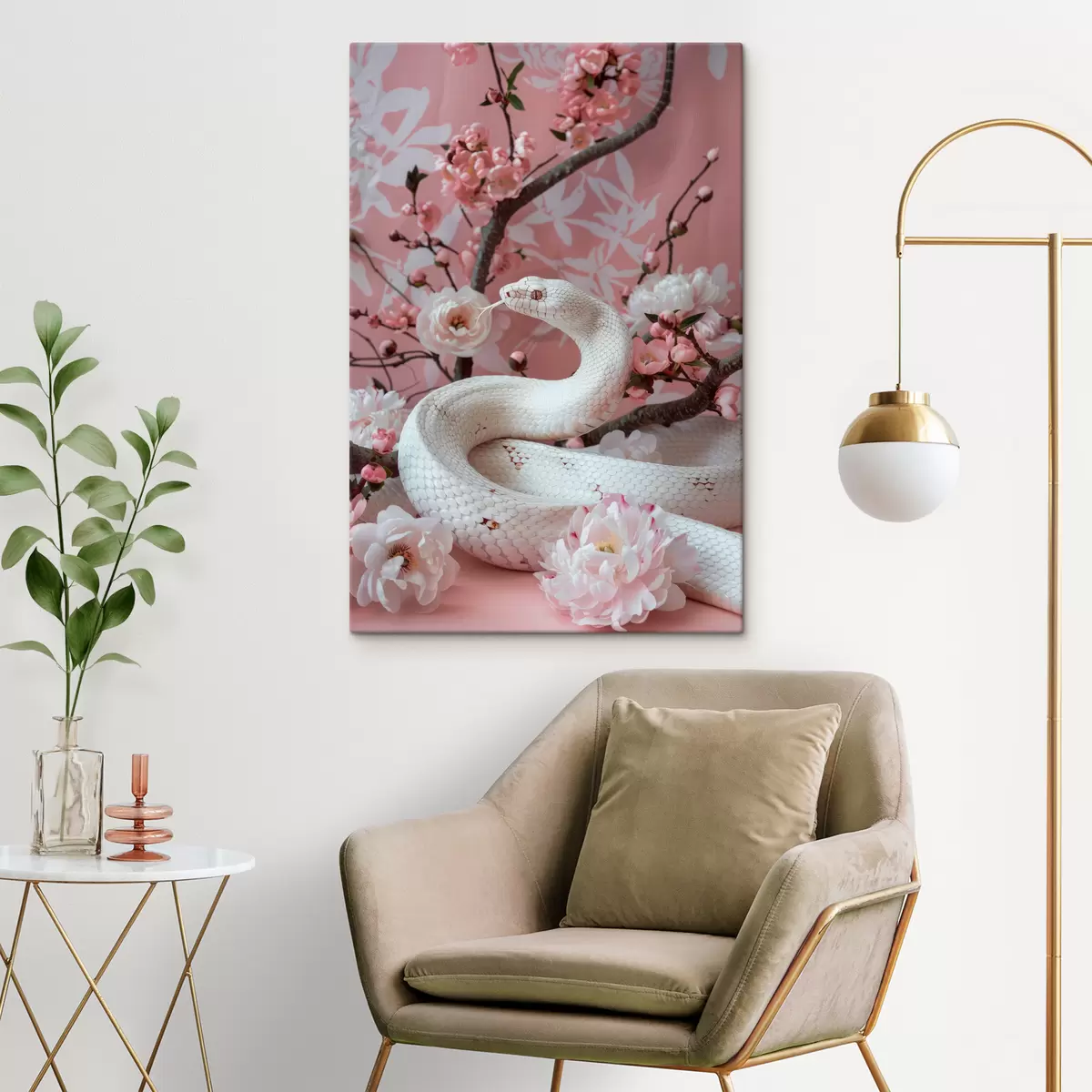  Peintures Serpent blanc et fleurs roses s39941